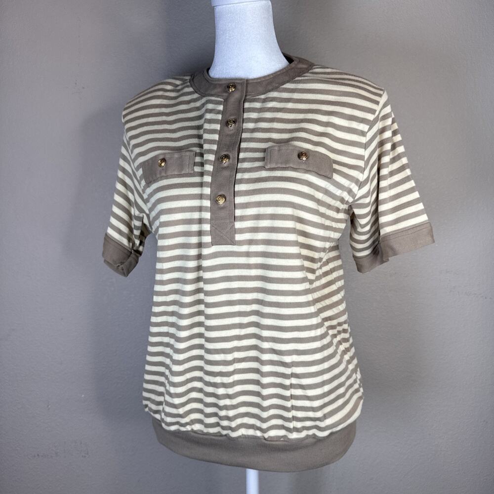 Vintage Blouse Brown Tan 80s Medium Grandma Grandpa Striped